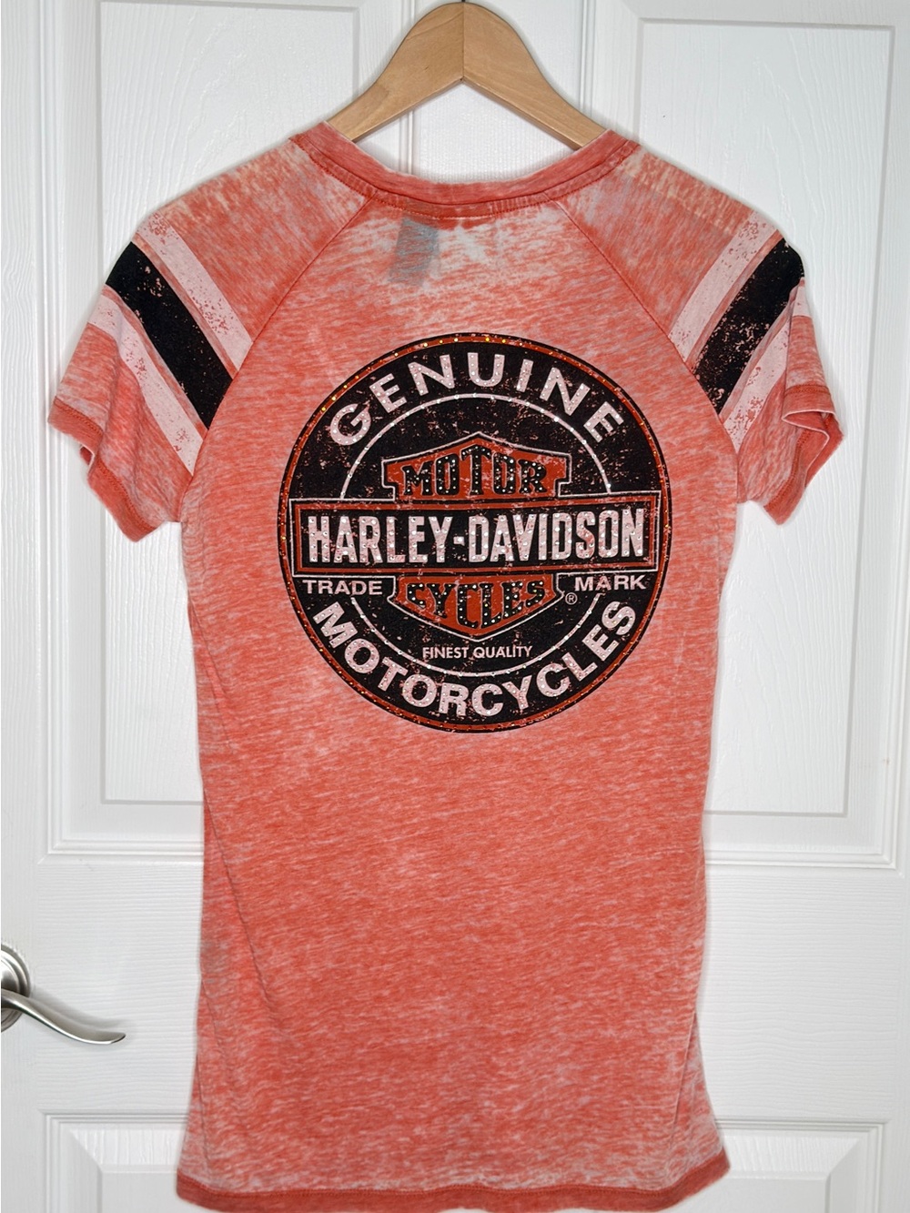 Harley-Davidson Women's Genuine Oil Can Burnout V-neck Tee Vintage Orange Small - Picture 5 of 10